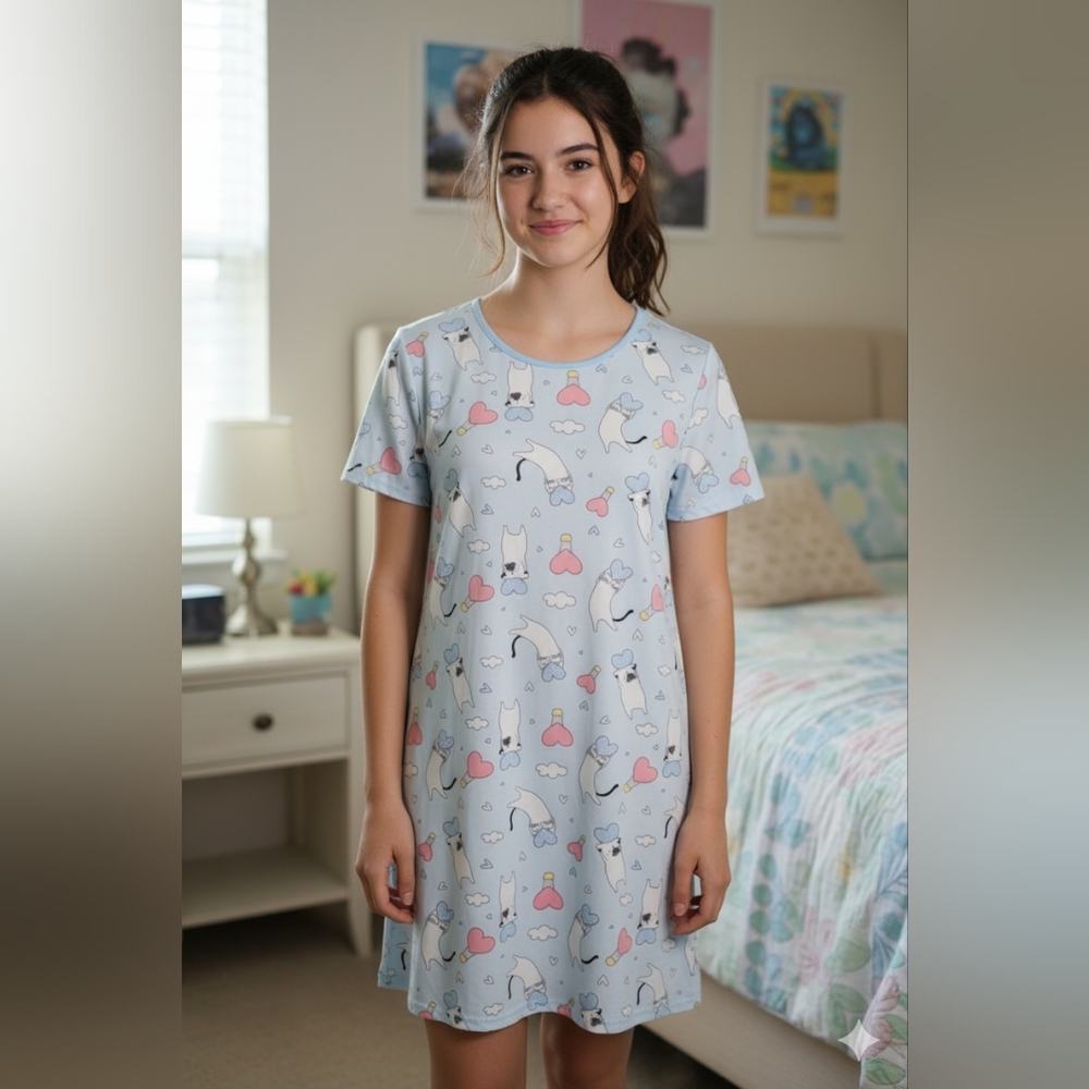 Esti Couture Juniors Blue Cat & Dog Print Short Sleeve Night Gown Size Large 🐈